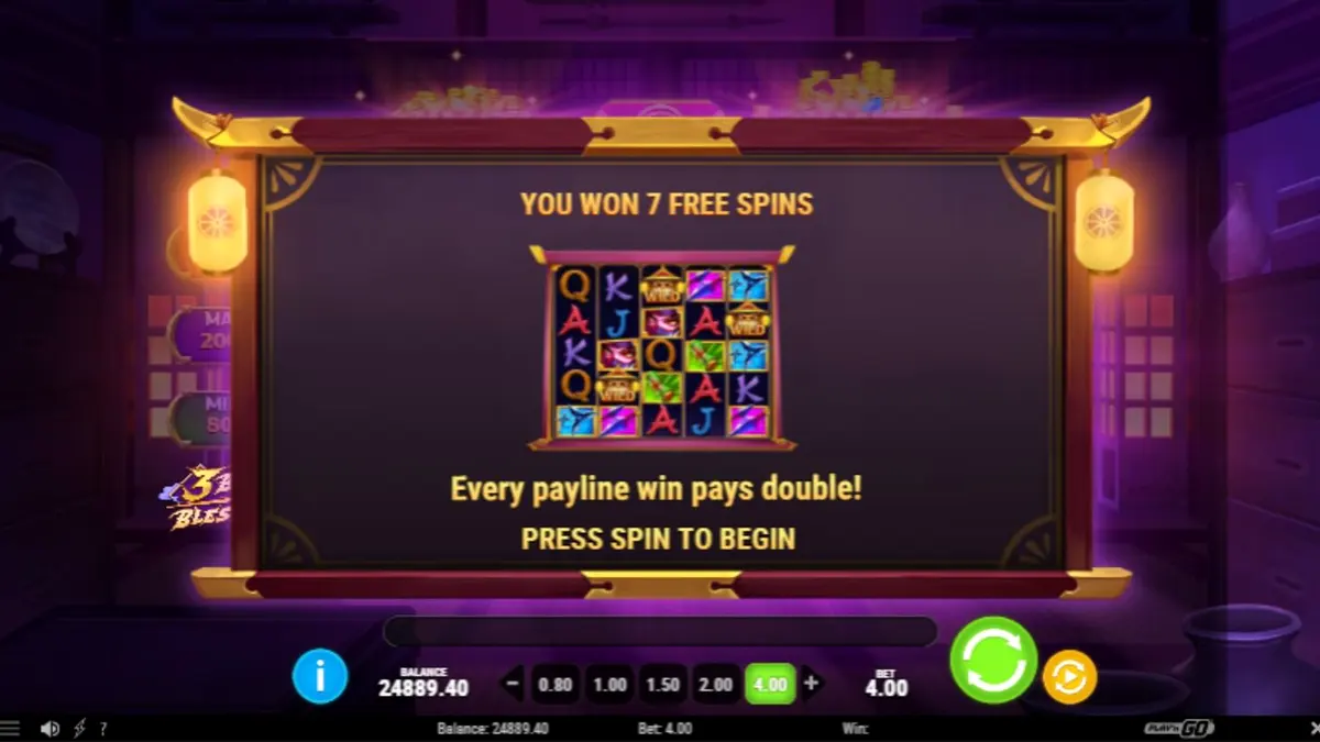 Tampilan visual slot 3 Blades & Blessings dengan tema ninja dan Jepang feodal.