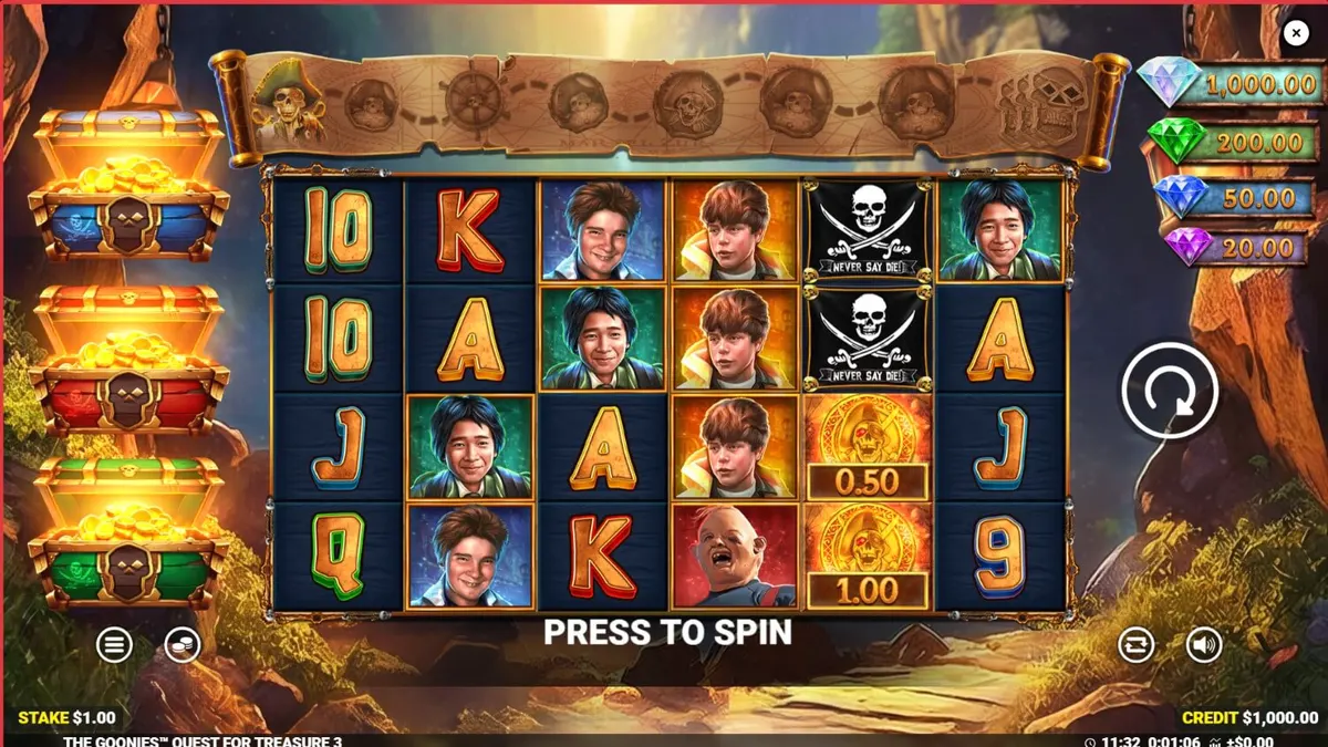 Tampilan visual slot The Goonies Quest for Treasure 3 dengan elemen petualangan bajak laut