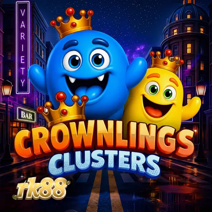 Tampilan visual grid permainan slot Crownlings Clusters dengan karakter berwarna-warni.